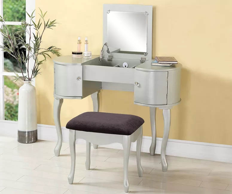 Kelly Silver Rounded Mirror Vanity Set With Stool - Image 2