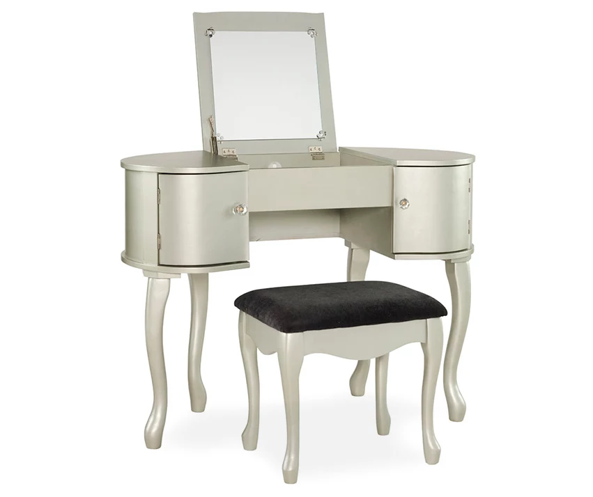Kelly Silver Rounded Mirror Vanity Set With Stool