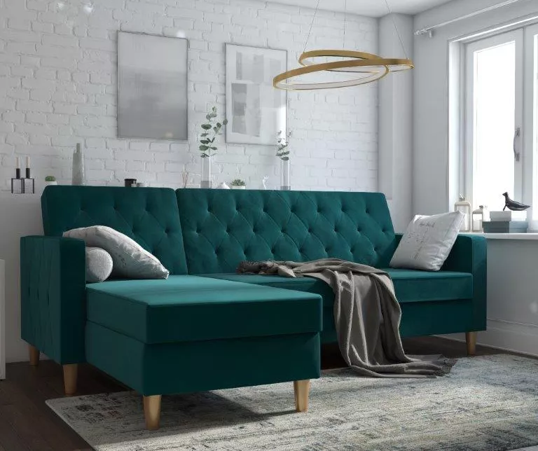 CosmoLiving Liberty Green Velvet Sectional Storage Futon - Image 2