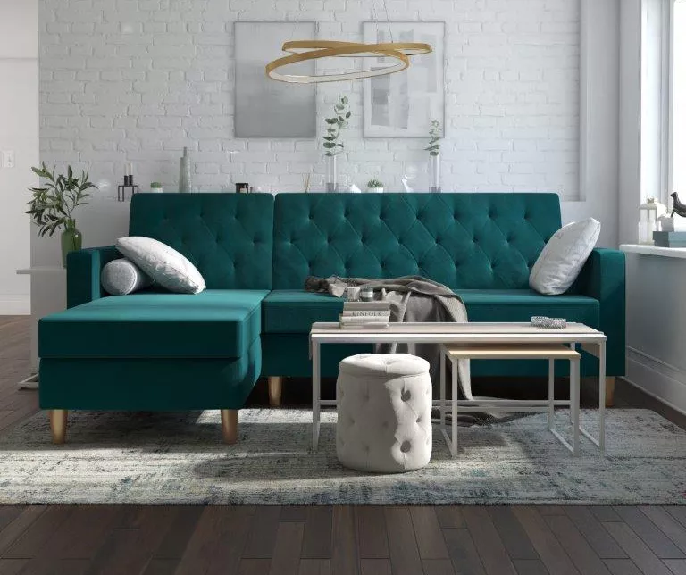 CosmoLiving Liberty Green Velvet Sectional Storage Futon - Image 5