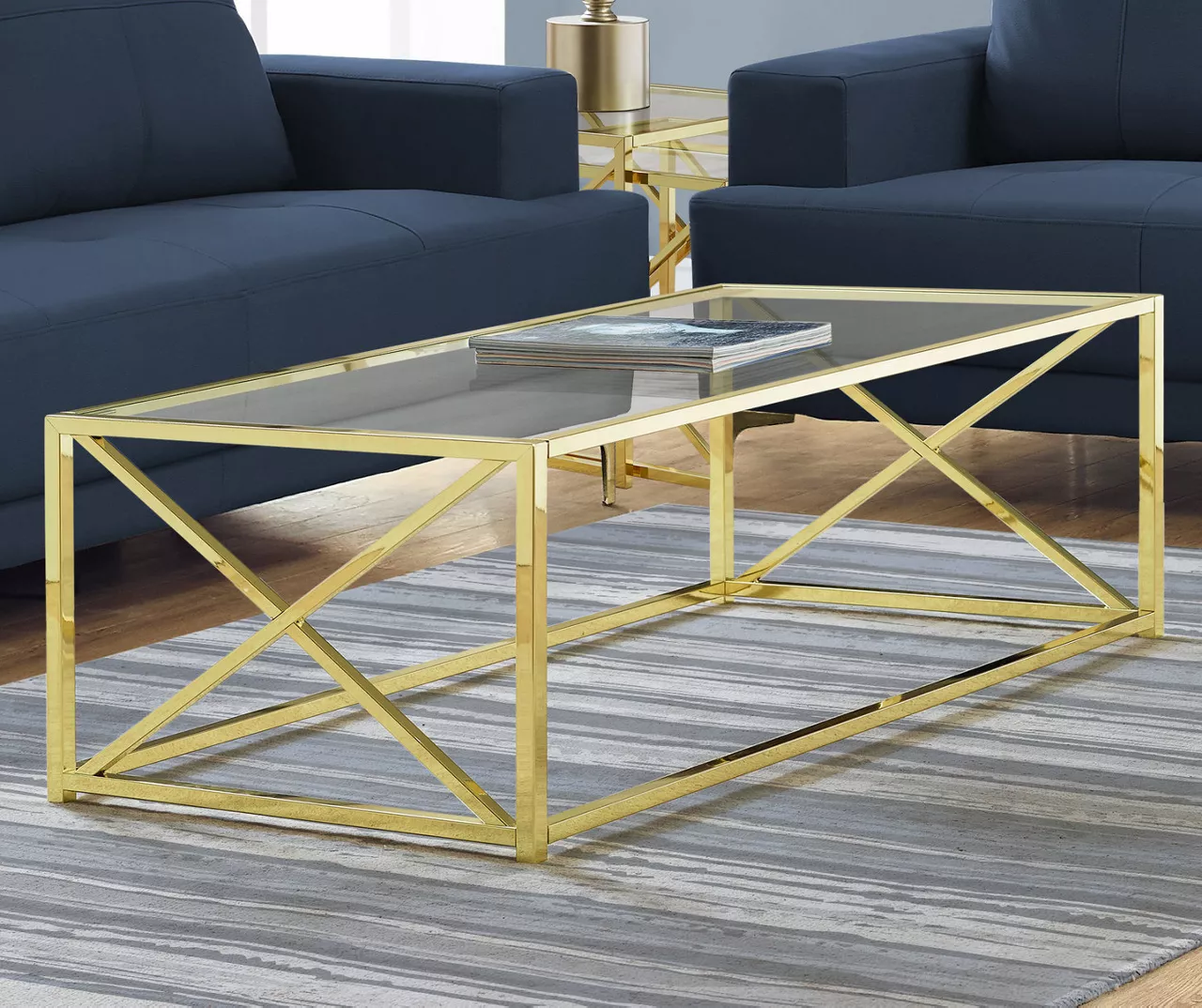 Tempered Glass & Gold Metal X Coffee Table - Image 2