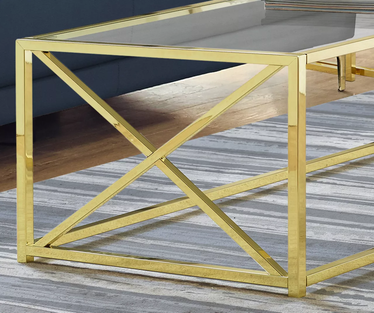 Tempered Glass & Gold Metal X Coffee Table - Image 3
