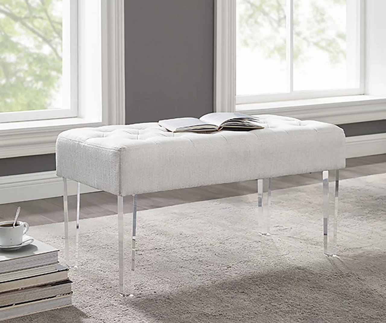 Marie Glitz White Tufted Linen Acrylic Leg Bench - Image 6