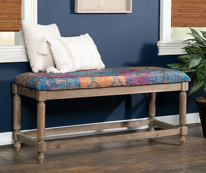Moroccan Tapestry Upholstered Rustic Driftwood Bench - Image 3