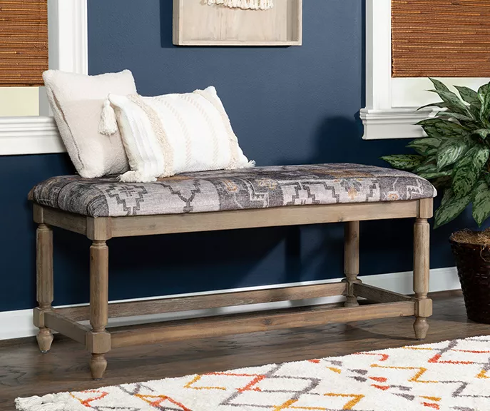 Moroccan Tapestry Upholstered Rustic Driftwood Bench - Image 7