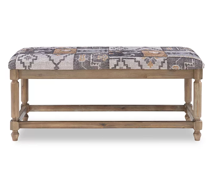 Gray Moroccan Tapestry Upholstered Rustic Driftwood Bench - Image 5