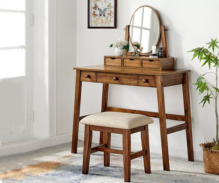 Laura 2-Piece Walnut & Beige 6-Drawer Tilting Mirror Vanity Set - Image 2