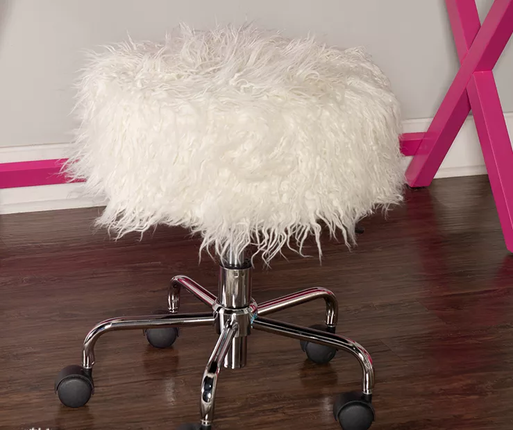 Zola White Faux Fur Rolling Swivel Stool - Image 2