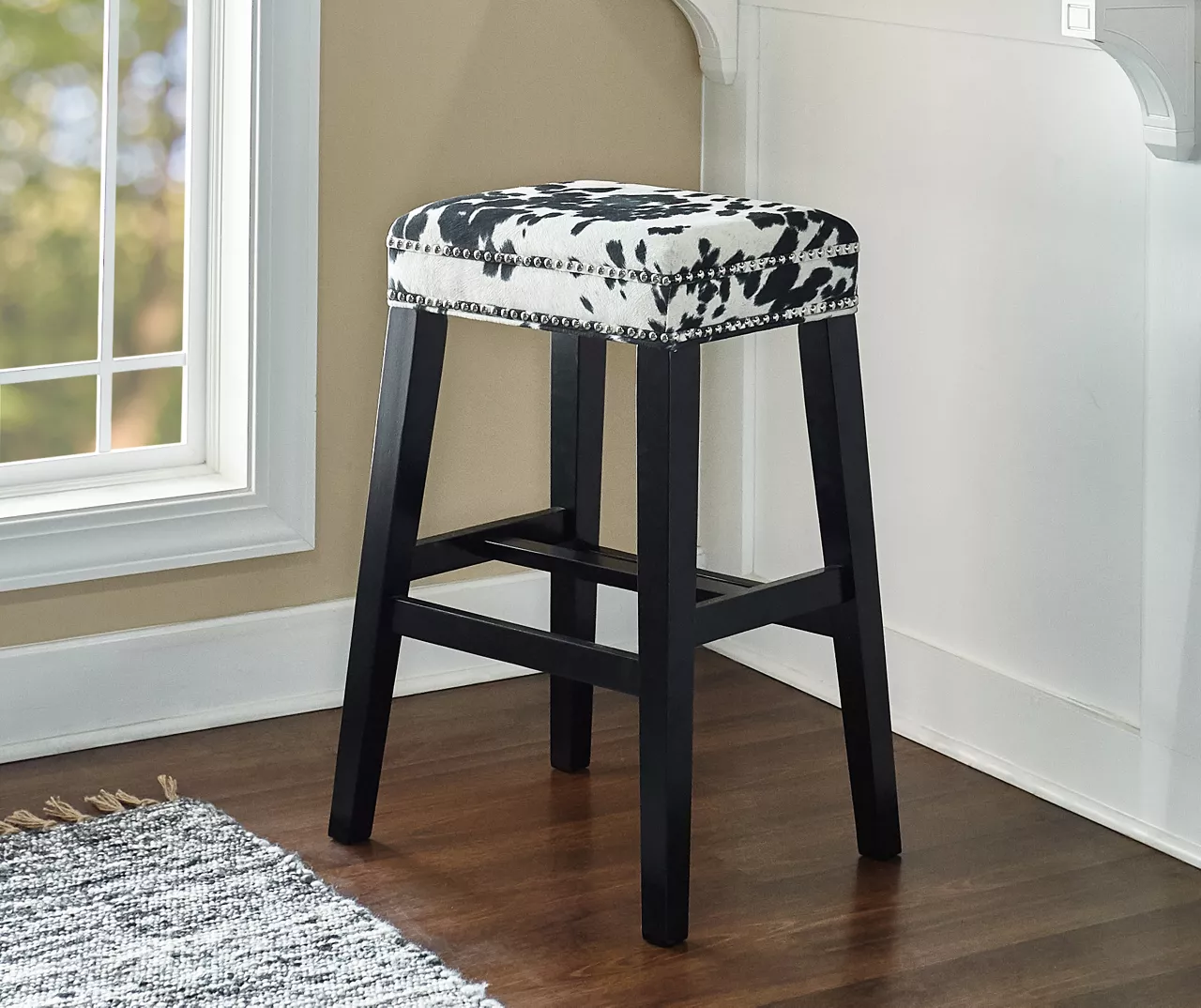 Baldwin White & Black Cow Print Nailhead Bar Stool - Image 2