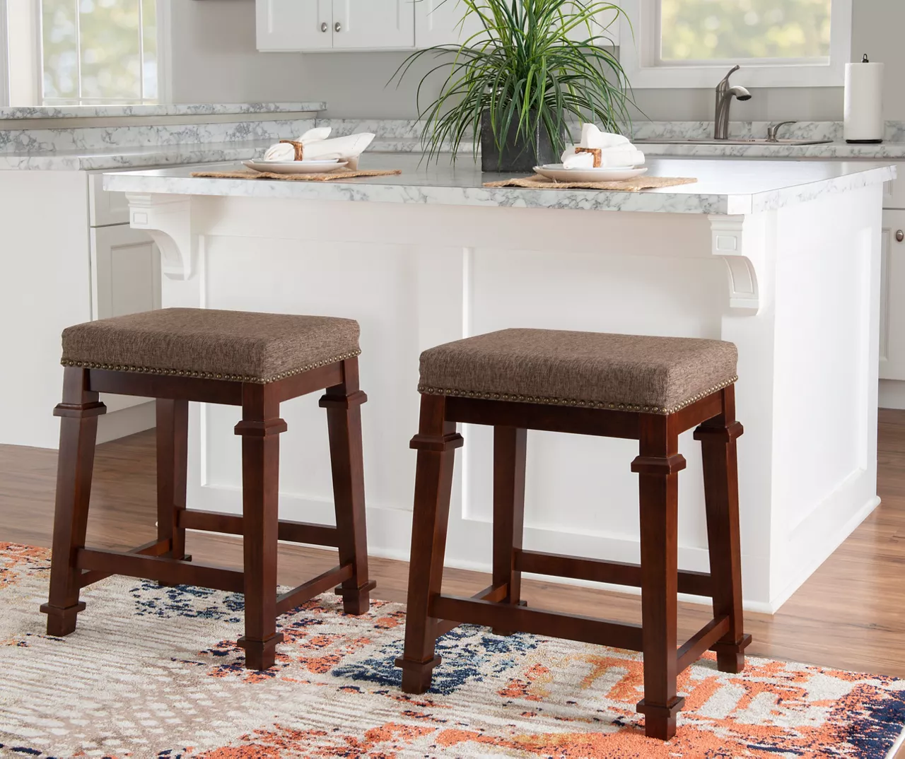 Clark Walnut & Light Brown Upholstered Tweed Backless Counter Stool - Image 3