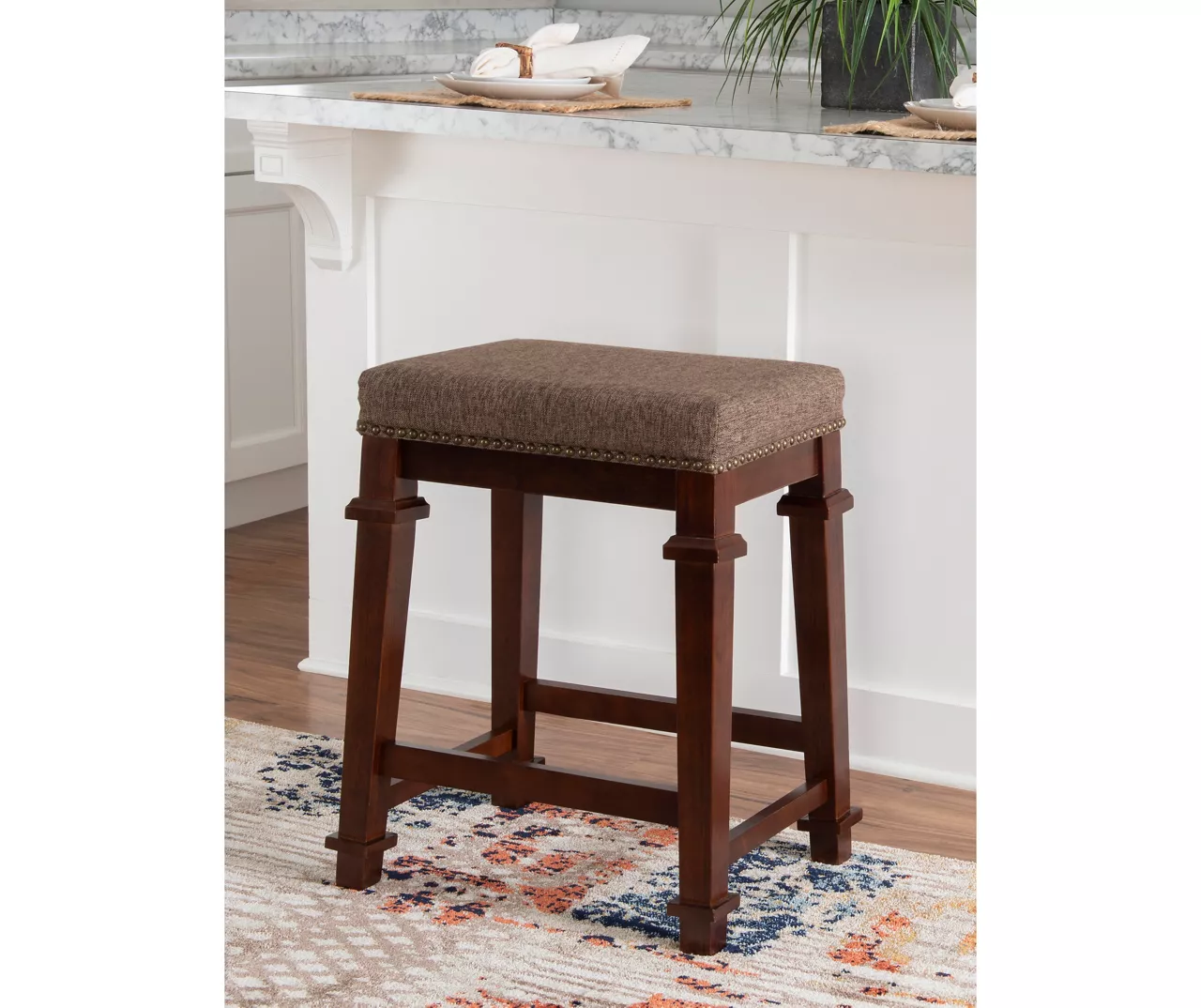 Clark Walnut & Light Brown Upholstered Tweed Backless Counter Stool - Image 2