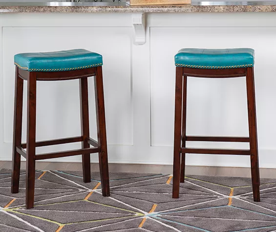 Brooke Blue & Dark Brown Faux Leather Backless Padded Bar Stool - Image 2