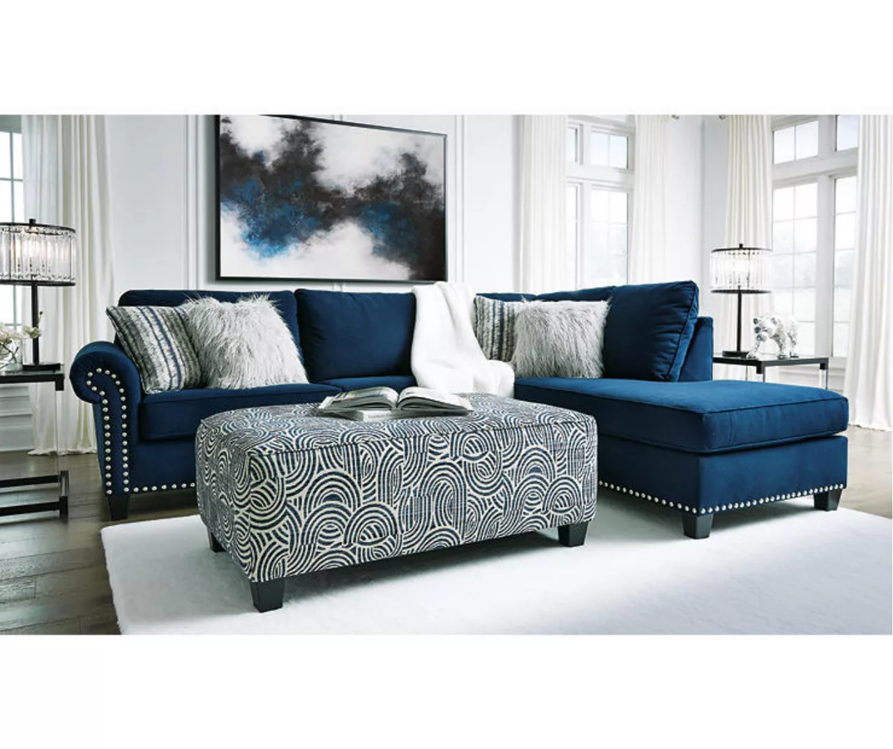 Trendle Blue & Tan Oversize Accent Ottoman - Image 3